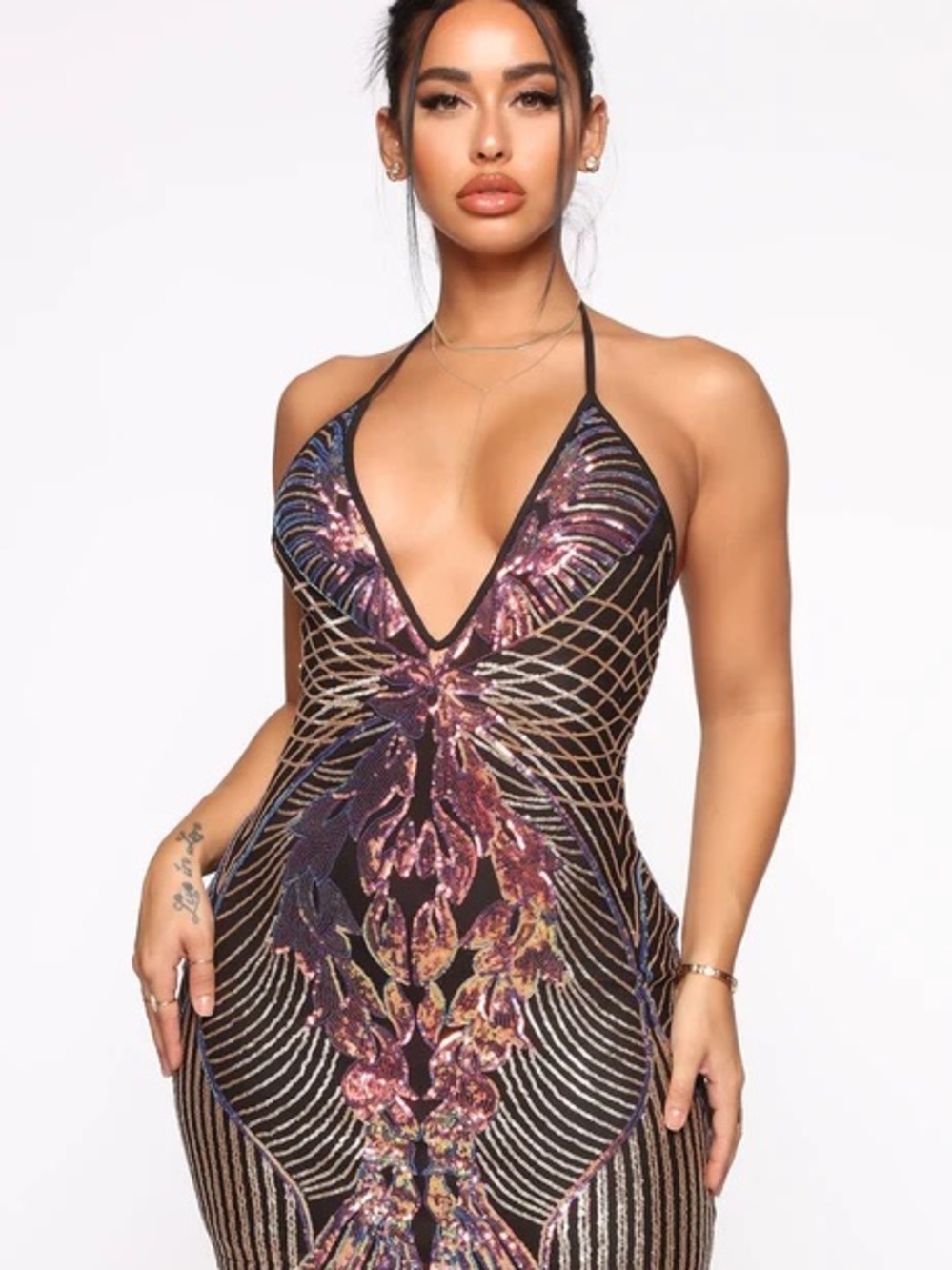 Eye Catching Plunge Halter Bodycon Dress in Iridescent Black and Purple